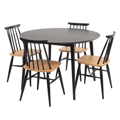 Aino Jatkettava ruokapöytä 110 x 110 + 45 cm musta + 4 Aino-tuolia musta/tammi-istuin pohjanmaan