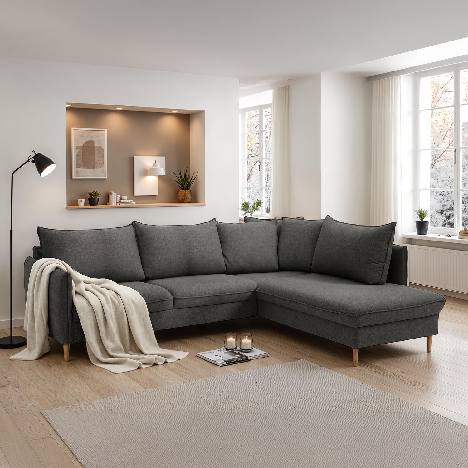 Chic 2,5h+avokulmasohva, Fun 481 harmaa-kangas, tammijalat