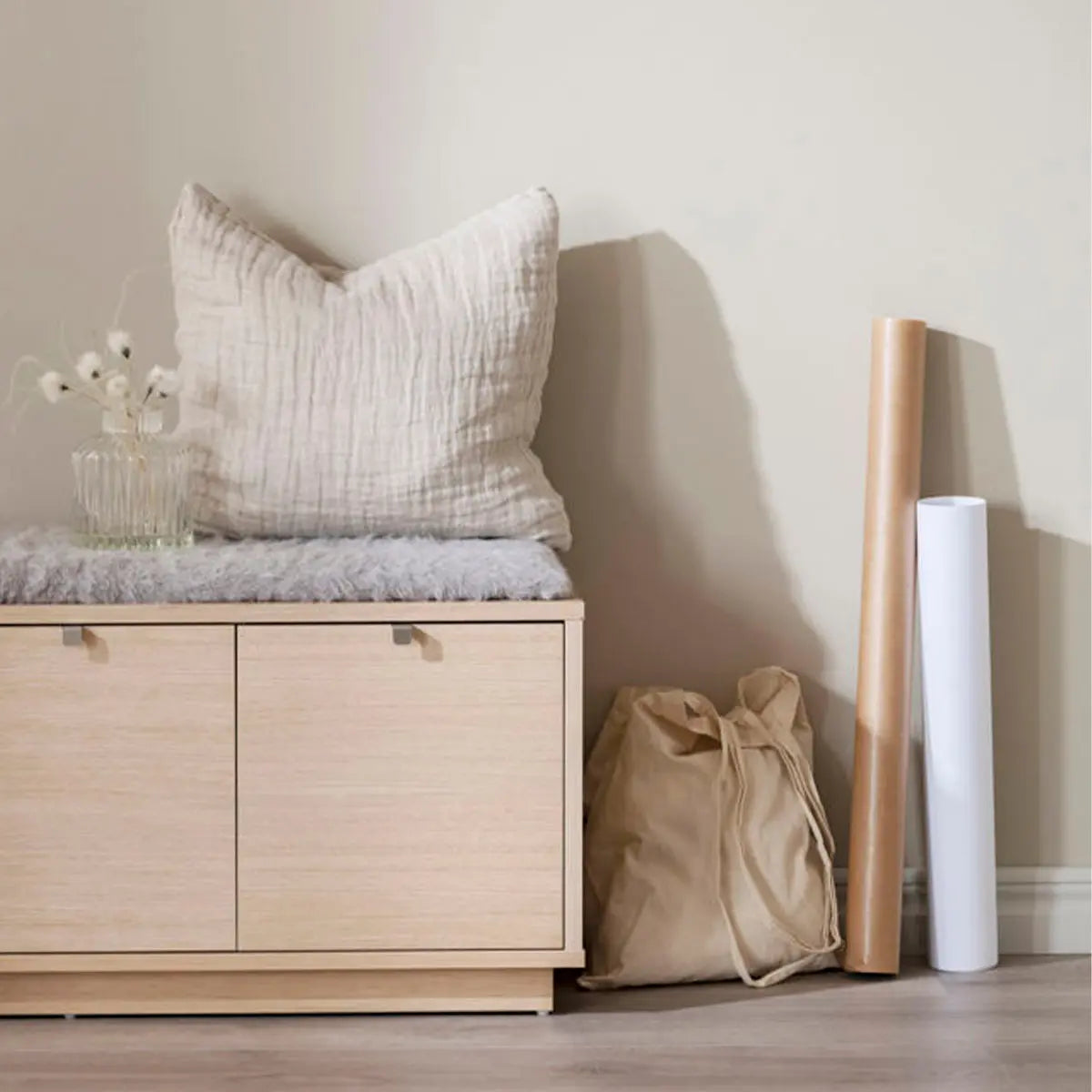 Confetti penkki 2 laatikolla, harmaa kangas rowico