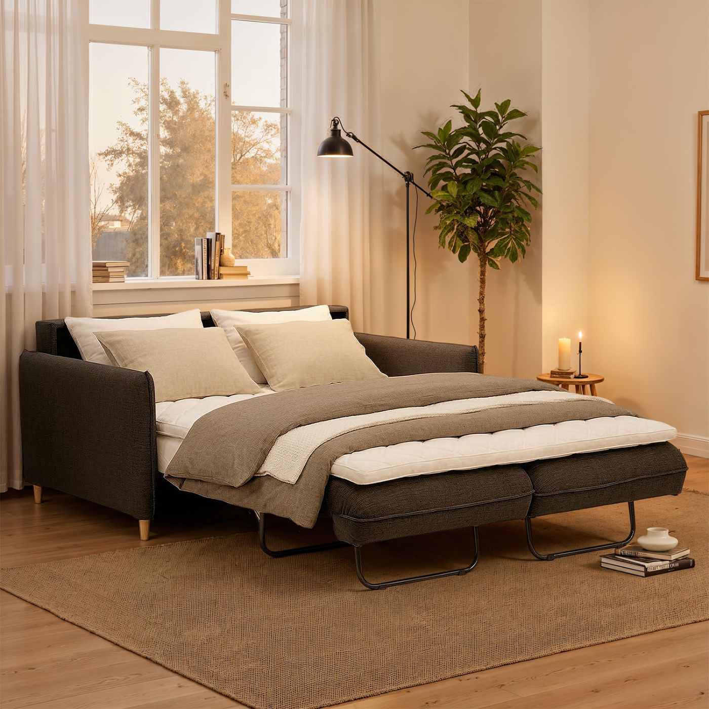 Chic 2h-vuodesohva 158 cm, Fun 481 harmaa-kangas, tammijalat